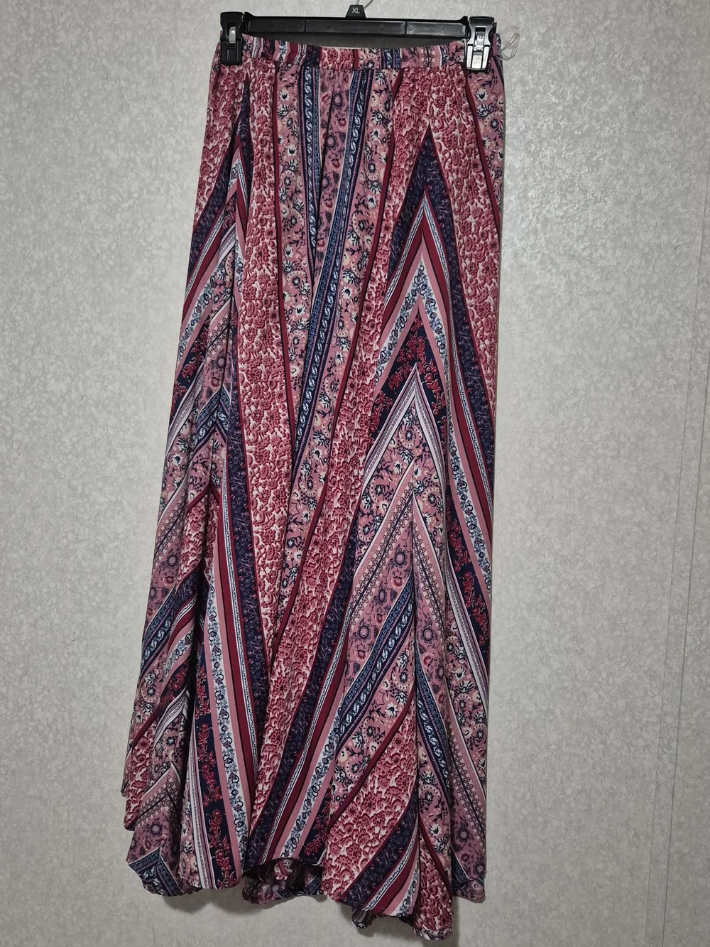 Bohemian Pink Patterned Maxi Skirt with Navy Accents